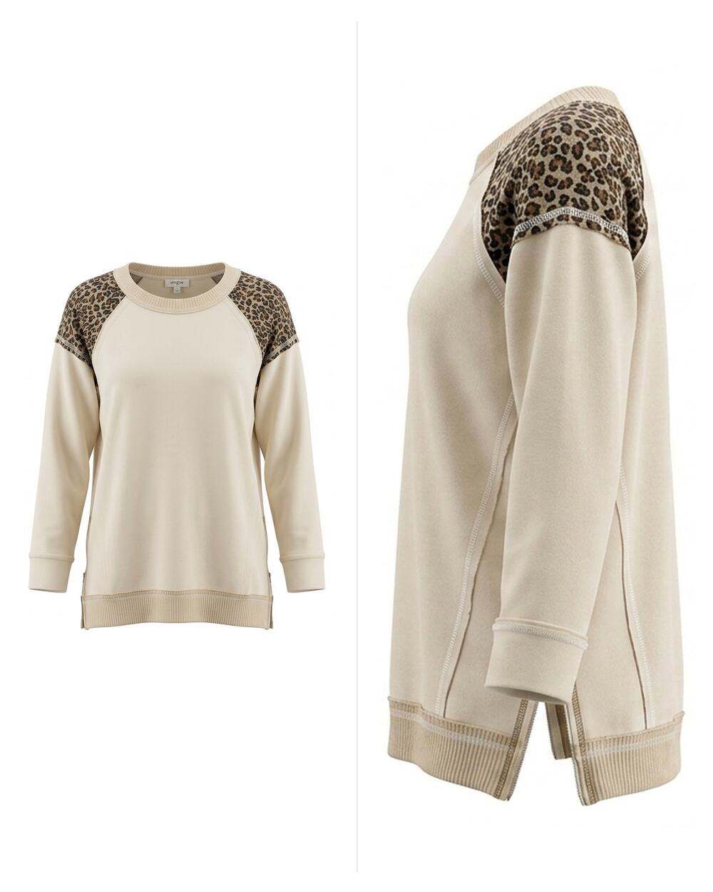 Umgee Beige Animal Print Crew Neck Knit Stretch Sweater Women Size S